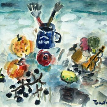 Pintura titulada "Fruits and violinist" por Terushige Matsumoto, Obra de arte original, Acuarela