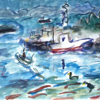 Peinture intitulée "White fishing boat" par Terushige Matsumoto, Œuvre d'art originale, Aquarelle