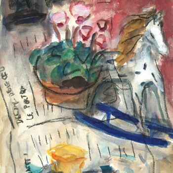 Painting titled "Cyclamen and white…" by Terushige Matsumoto, Original Artwork, Gouache