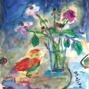Pintura titulada "Rose and a parakeet" por Terushige Matsumoto, Obra de arte original, Gouache