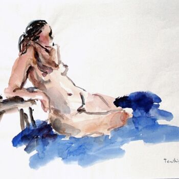 Картина под названием "Nude model on blue" - Terushige Matsumoto, Подлинное произведение искусства, Акварель