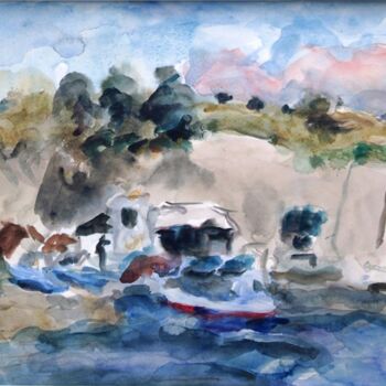 Painting titled "A fishing port at M…" by Terushige Matsumoto, Original Artwork, Watercolor
