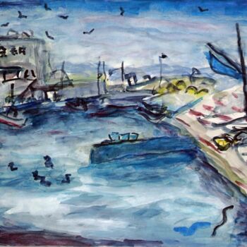 Painting titled "A fishing port with…" by Terushige Matsumoto, Original Artwork, Watercolor