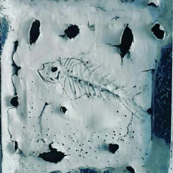 Colagens intitulada "Fosil pez marino" por Tete Antoli, Obras de arte originais, Papel machê Montado em Painel de madeira