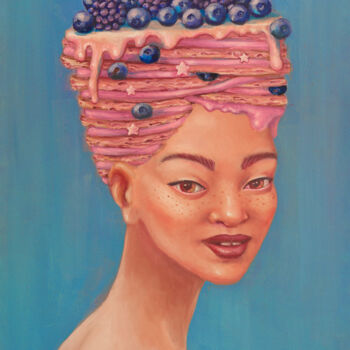 Schilderij getiteld "Blueberry Pancakes" door Tetiana Bogdanova, Origineel Kunstwerk, Olie Gemonteerd op Frame voor houten b…