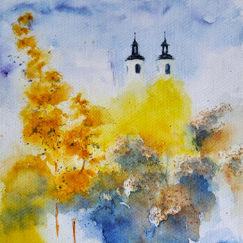 Картина под названием "Autumn in the city" - Тетяна Гладиш, Подлинное произведение искусства, Акварель