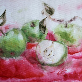 Painting titled "Apples on crimson" by Tetiana Hladysh, Original Artwork, Watercolor