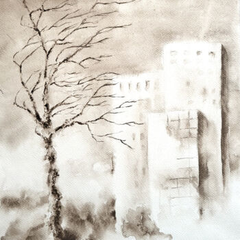 Painting titled "Skyscrapers. Tree" by Tetiana Hladysh, Original Artwork, Watercolor