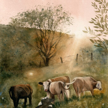 Pittura intitolato "Cows In The Summer…" da Tetiana Koda, Opera d'arte originale, Acquarello