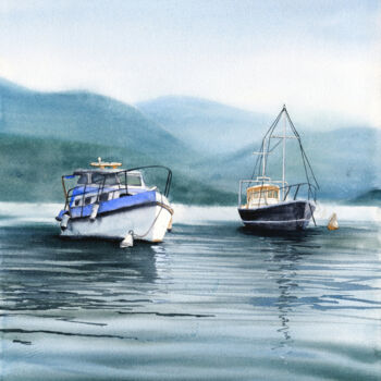 Pittura intitolato "Boats on Lago d’Ort…" da Tetiana Koda, Opera d'arte originale, Acquarello