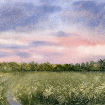 Картина под названием "Sunset Over a Field" - Tetiana Koda, Подлинное произведение искусства, Акварель