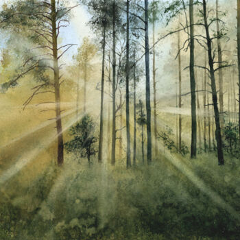 Painting titled "Sunlight in the for…" by Tetiana Koda, Original Artwork, Watercolor