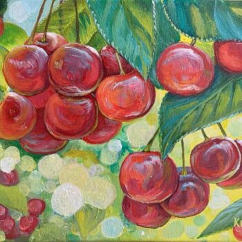 Painting titled "Juicy cherry" by Tetiana Kovtun, Original Artwork, Acrylic Mounted on Wood Stretcher frame
