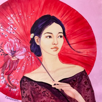 Peinture intitulée "Girl with a red umb…" par Tetiana Lukianchenko, Œuvre d'art originale, Acrylique