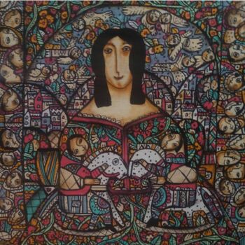 Schilderij getiteld "holy motherhood" door Tetiana Osadchuk, Origineel Kunstwerk, Acryl Gemonteerd op Frame voor houten bran…