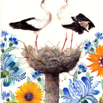Schilderij getiteld "Pair of storks in t…" door Tetiana Savchenko, Origineel Kunstwerk, Gouache