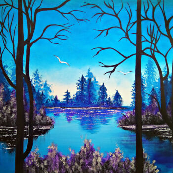 Painting titled "Blue lake Painting" by Tetiana Surshko (SurshkoArt), Original Artwork, Oil