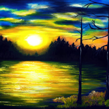 Painting titled "Lake forest sunset…" by Tetiana Surshko (SurshkoArt), Original Artwork, Oil