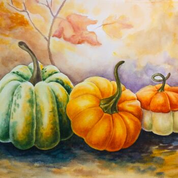 Painting titled "Autumn pumpkins" by Tetiana Vlasenko, Original Artwork, Watercolor