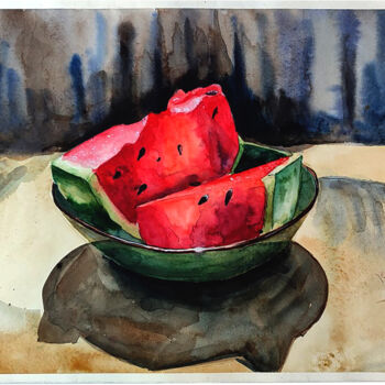Pintura titulada "Watermelon on the p…" por Tetiana Zelinska, Obra de arte original, Acuarela