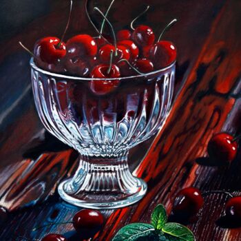 Painting titled "Velvet Cherries in…" by Tetyana Hamilton, Original Artwork, Oil Mounted on Wood Stretcher frame