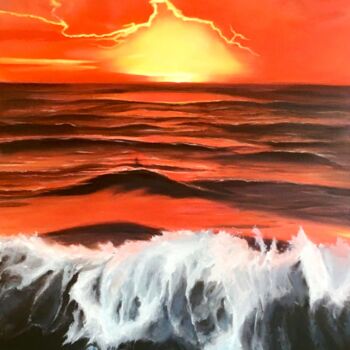 Malarstwo zatytułowany „Flaming Sunset” autorstwa Tetyana Hamilton, Oryginalna praca, Olej
