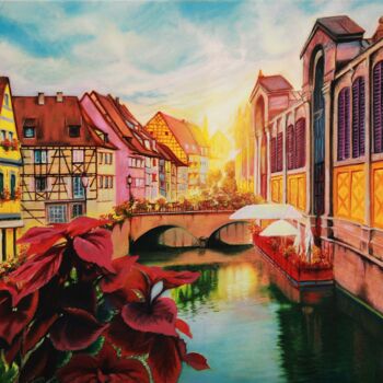 Painting titled "Sunny Colmar, Franc…" by Tetyana Hamilton, Original Artwork, Oil Mounted on Wood Stretcher frame