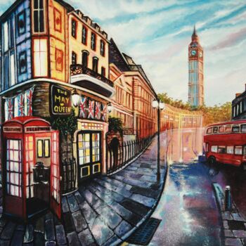 「Magic London Street.」というタイトルの絵画 Tetyana Hamiltonによって, オリジナルのアートワーク, オイル ウッドストレッチャーフレームにマウント