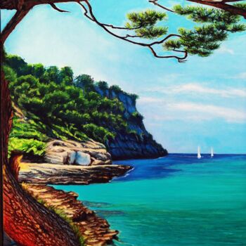 Картина под названием "Blue Lagoon." - Tetyana Hamilton, Подлинное произведение искусства, Масло Установлен на Деревянная ра…