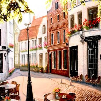 Schilderij getiteld "Charming Bruges." door Tetyana Hamilton, Origineel Kunstwerk, Olie Gemonteerd op Frame voor houten bran…