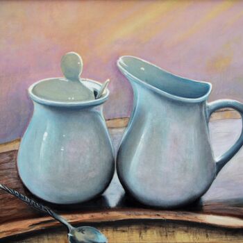 Painting titled "Cream and Sugar Set" by Tetyana Hamilton, Original Artwork, Oil Mounted on Cardboard