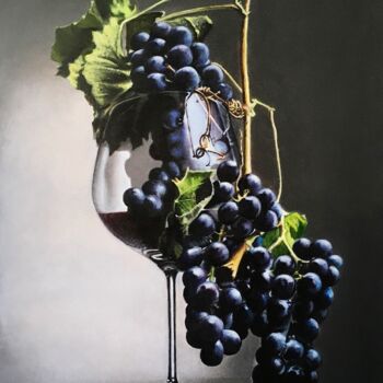 Painting titled "Wine grape in glass…" by Tetyana Hamilton, Original Artwork, Oil Mounted on Wood Stretcher frame