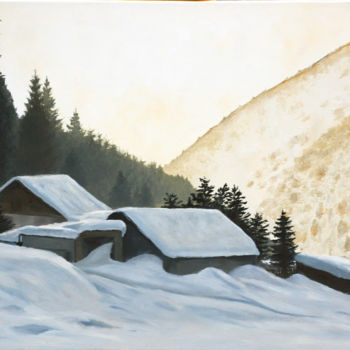 Painting titled "Winter Dusk" by Tudor Gafton, Original Artwork, Oil Mounted on Wood Stretcher frame