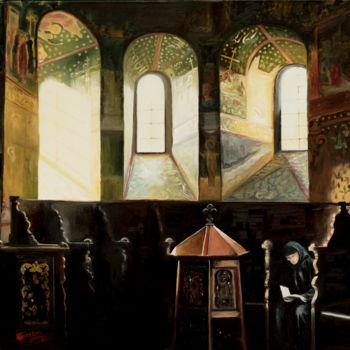 Картина под названием "Sucevitza Monastery" - Tudor Gafton, Подлинное произведение искусства, Масло Установлен на Деревянная…