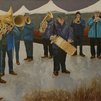 Painting titled "The Brass Band" by Tudor Gafton, Original Artwork, Oil Mounted on Wood Stretcher frame