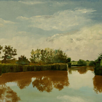 Schilderij getiteld "The Lake 2" door Tudor Gafton, Origineel Kunstwerk, Olie Gemonteerd op Frame voor houten brancard