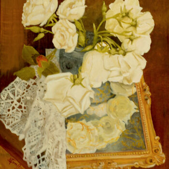 Painting titled "White Roses" by Tudor Gafton, Original Artwork, Oil