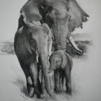 Drawing titled "Famille" by Th. Hutin, Original Artwork, Chalk