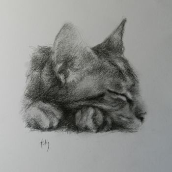 Drawing titled "chat dormant" by Th. Hutin, Original Artwork, Chalk