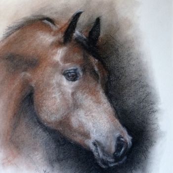 Drawing titled "Tête de cheval" by Th. Hutin, Original Artwork, Chalk