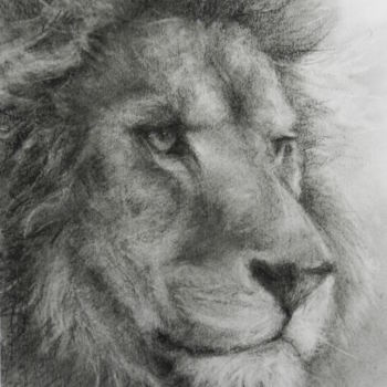 Drawing titled "Tête de lion" by Th. Hutin, Original Artwork, Chalk