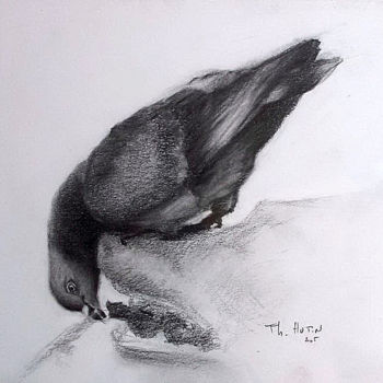 Рисунок под названием "Pigeon à la fontaine" - Th. Hutin, Подлинное произведение искусства, Мел