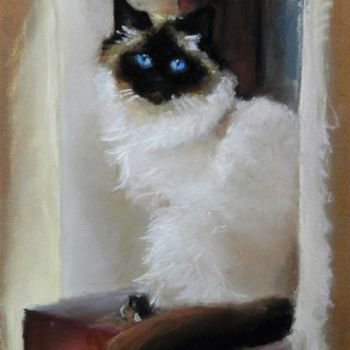 Dessin intitulée "chat sur le rebord…" par Th. Hutin, Œuvre d'art originale, Pastel