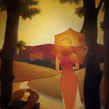 「Femme à l'ombrelle」というタイトルの絵画 Th. Hutinによって, オリジナルのアートワーク, オイル