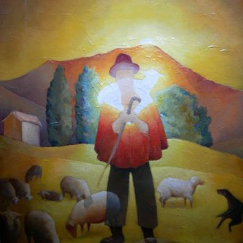 Peinture intitulée "L'agneau mystique" par Th. Hutin, Œuvre d'art originale, Huile