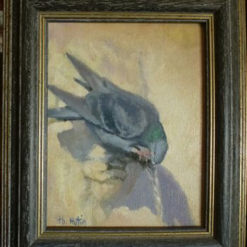 Painting titled "pigeon-a-la-fontaine" by Th. Hutin, Original Artwork