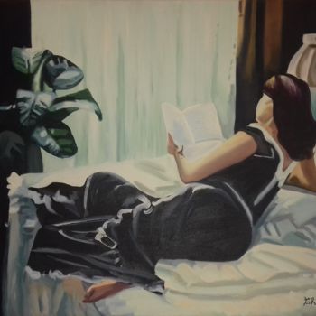 Pintura titulada "Leitura deitada" por Thaíssa, Obra de arte original, Oleo