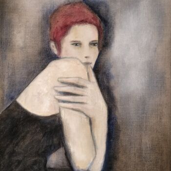 Painting titled "Femme en robe noire…" by Thalie Cardo, Original Artwork, Oil Mounted on Wood Stretcher frame