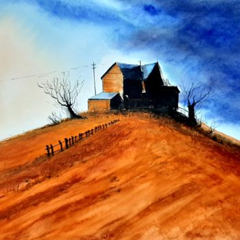 Painting titled "Lone house atop a h…" by Himanshu Thalyari, Original Artwork, Watercolor