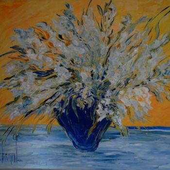 Painting titled "VASE FLEURS BLANCHES" by Thierry Chanal, Original Artwork, Oil